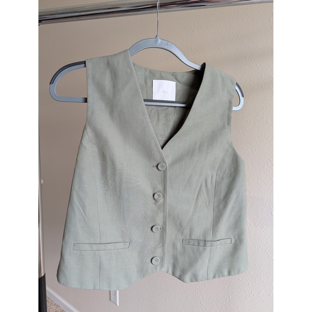 MNG Mango Mens Sage Green Tailored Button Front V-Neck Waistcoat Vest Size L